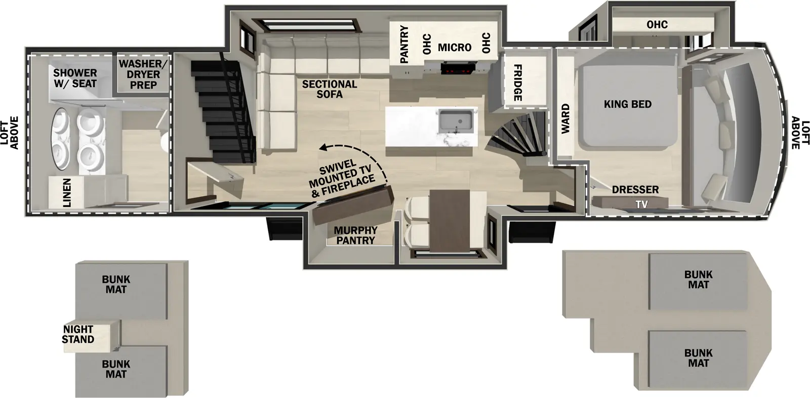 The Cedar Creek Cottage 40CBK has two entries and three slide outs. Exterior features include: fiberglass exterior and 21' awning. Interiors features include: loft, kitchen island, free-standing dinette option, front bedroom and rear bathroom.